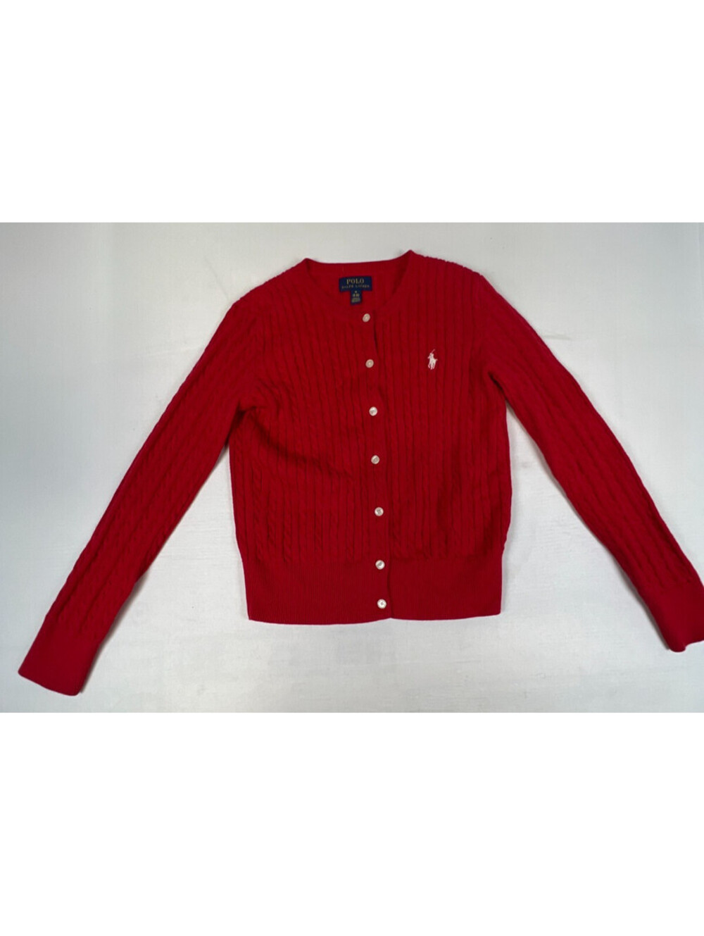 Polo Ralph Lauren Girls Size M 8-10 Red Cable Knit Cardigan Sweater Cotton Logo